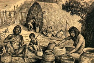 Alltag der frühen Indios, im Hintergrund am Zaun Schädel toter Feinde